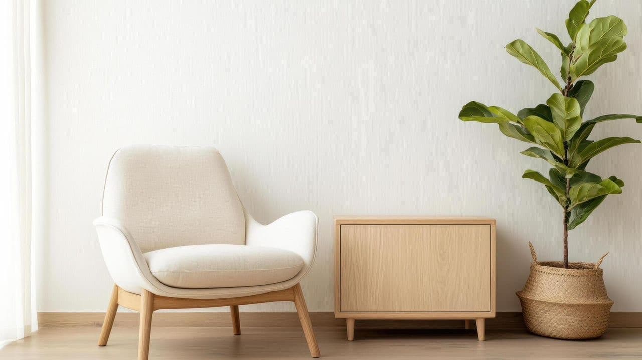 Fauteuil en lin beige avec commode en bois clair et plante verte