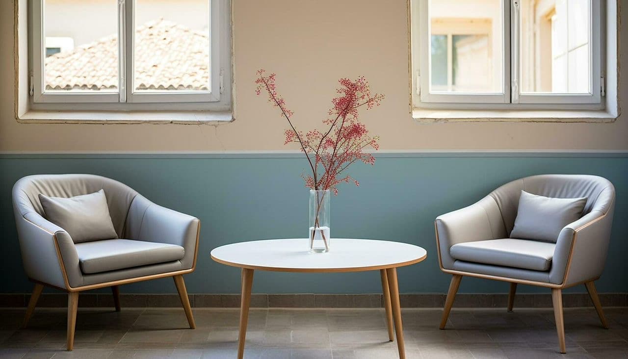 Salon avec deux fauteuils gris et table basse ronde